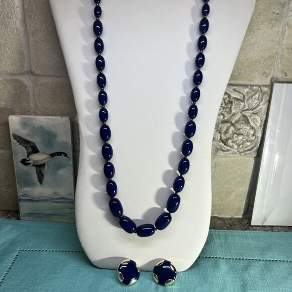 Vintage 1930s,Woman,Necklace+Polka Dot Earrings Style Blue Glass Bead.! - Picture 2 of 11